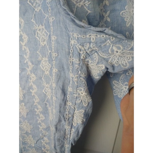 Loft 100 Linen Blue White Embroidery Elastic Waist Pants. Size M - Picture 5 of 12